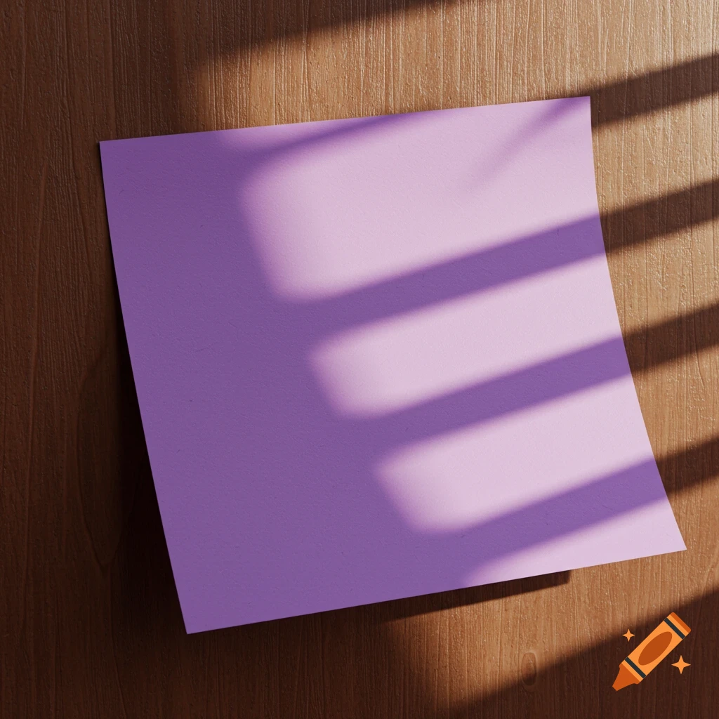 A blank purple sticky note on a wooden surface, partially covered by shadows from window blinds.