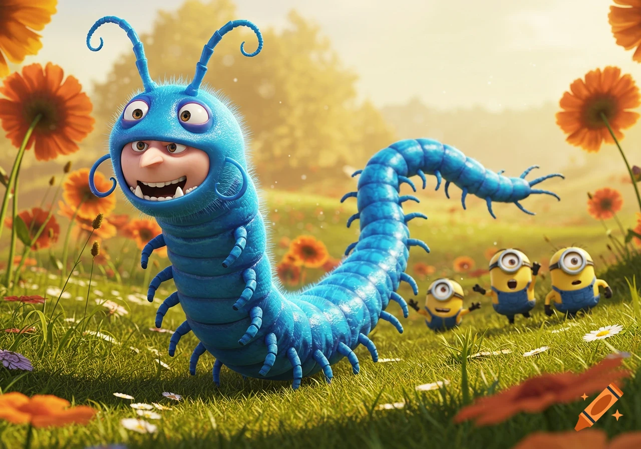 Gru in a blue centipede costume crawls through a field of flowers with Minions following behind him.