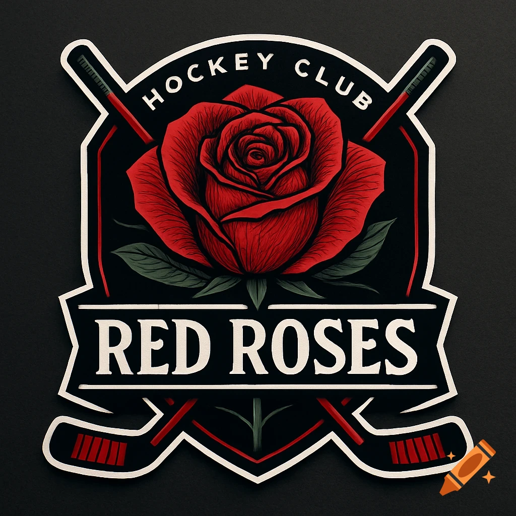 A hockey club logo with a red rose and crossed hockey sticks, text reads 'HOCKEY CLUB RED ROSES'.