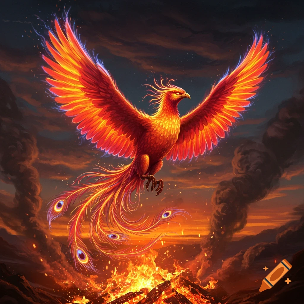 A vibrant red and orange phoenix with large wings soars above a landscape of fire and smoke under a dramatic dark sky.