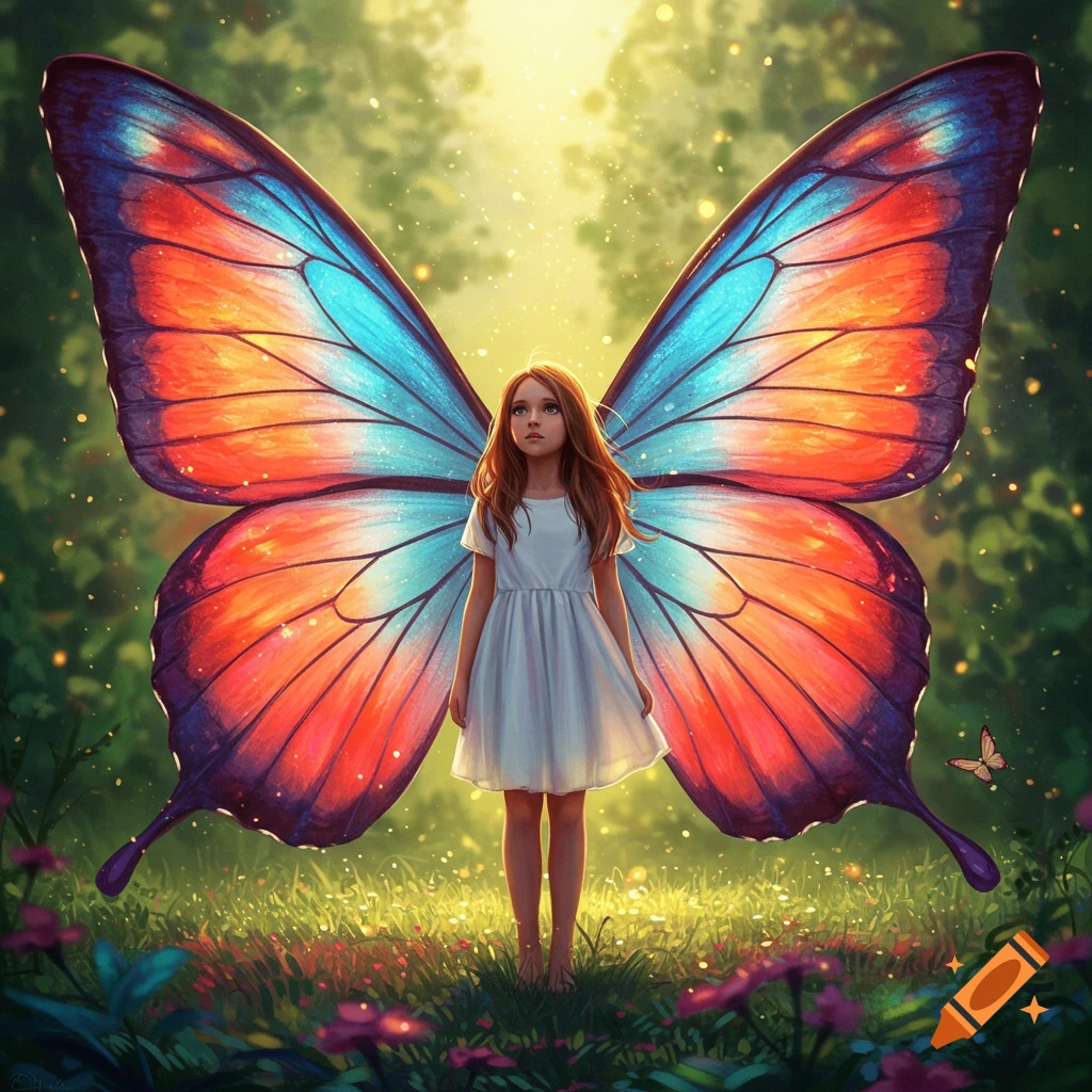 A young girl with large, vibrant orange and blue butterfly wings stands in a sunlit forest meadow.
