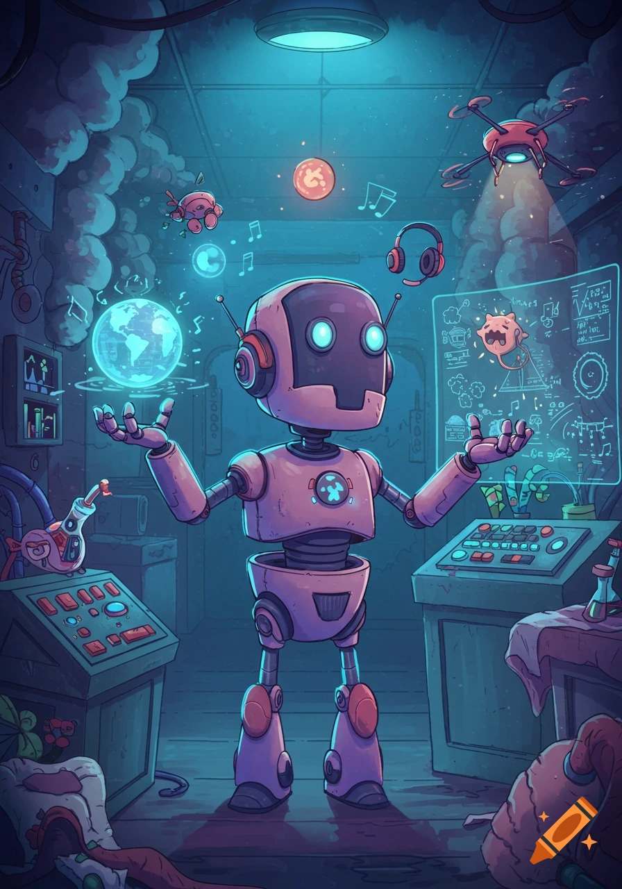 A cartoon-style robot in a blue-lit lab juggles a glowing Earth and other objects, surrounded by scientific equipment and a glowing screen.