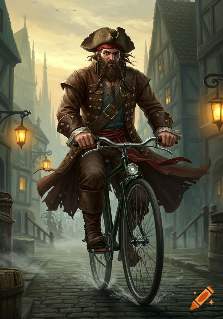 Illustrated pirate with a beard and tricorn hat riding a bicycle down a cobblestone street in an old town.