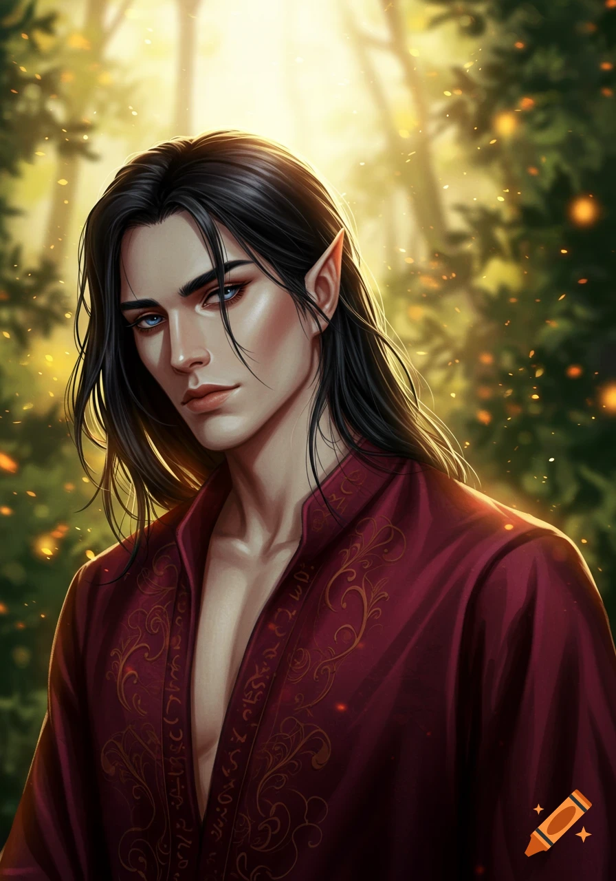 A fantasy portrait of a man with long black hair, pointy ears, and a red robe, standing in a golden-lit forest.