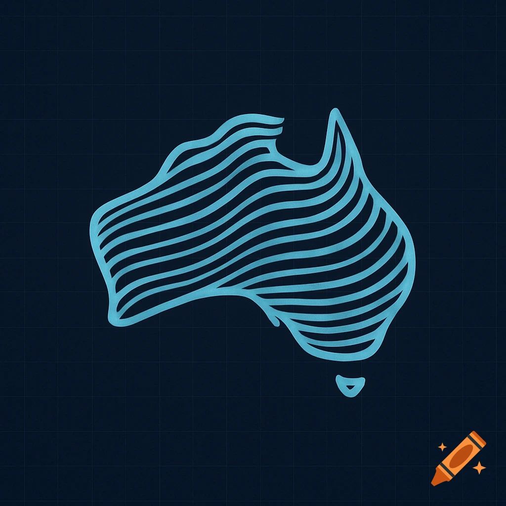 Abstract blue line art map of Australia on a dark blue grid background.