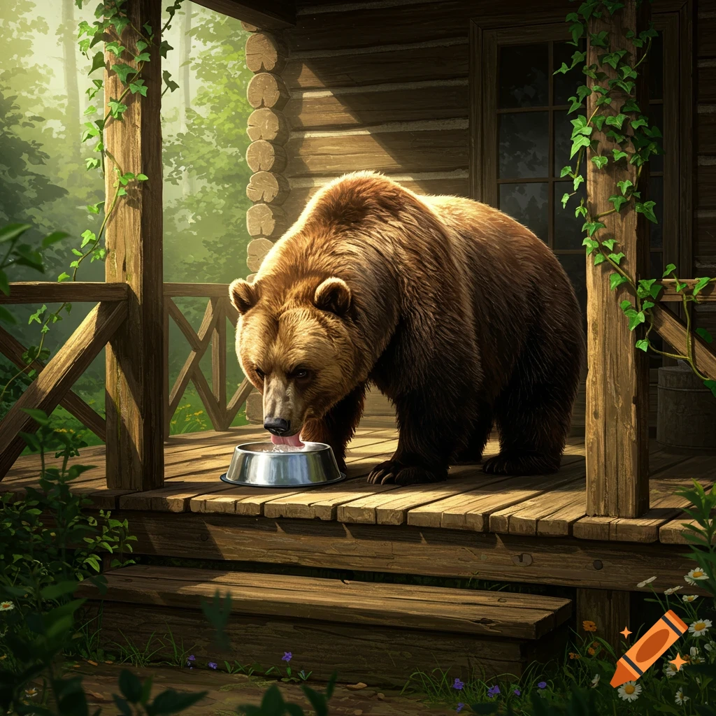 A brown bear drinks water from a bowl on a wooden cabin porch surrounded by green trees.