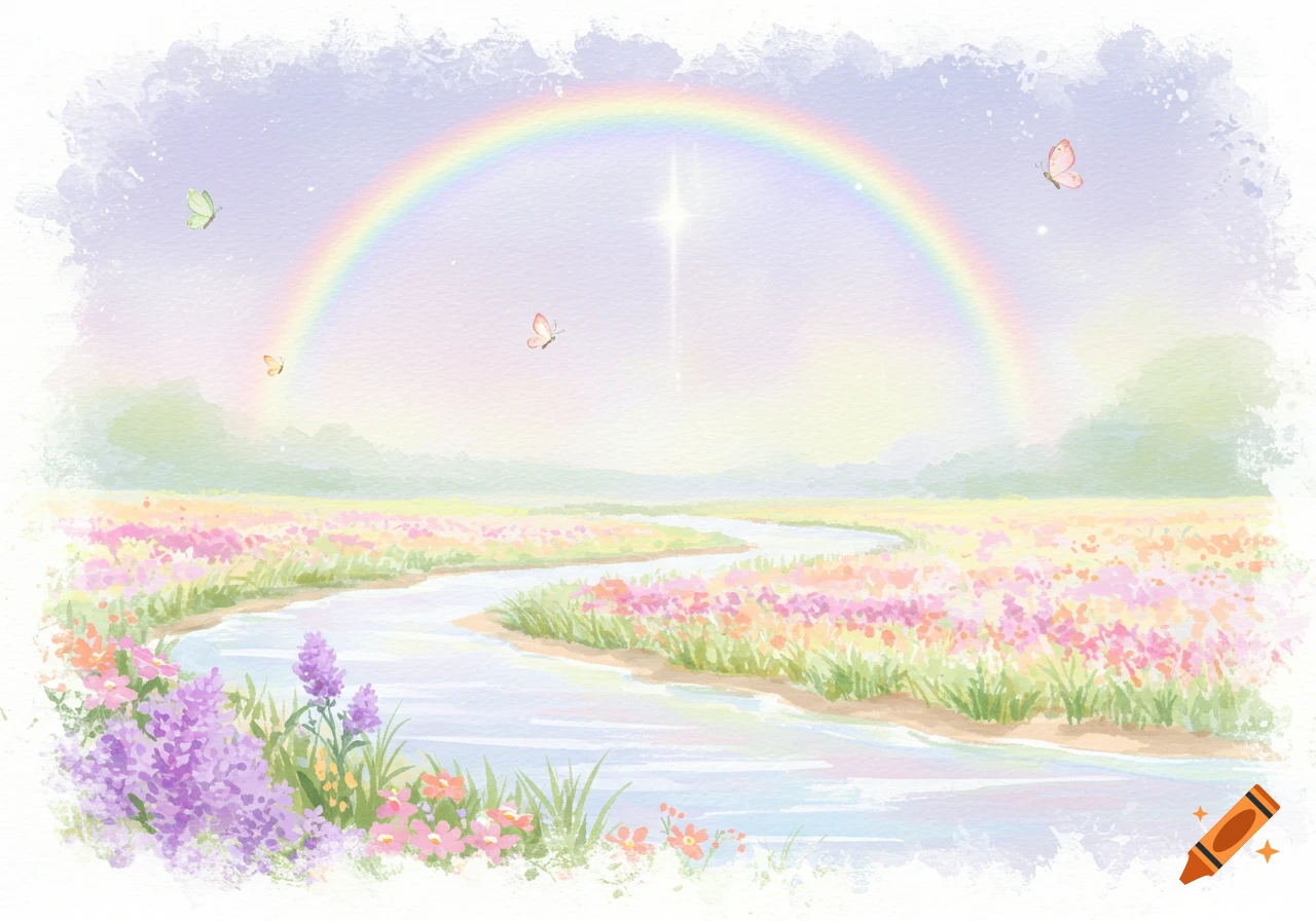 A whimsical pastel watercolor painting of a winding river flowing through a colorful flower meadow under a rainbow and sparkling sky with butterflies.