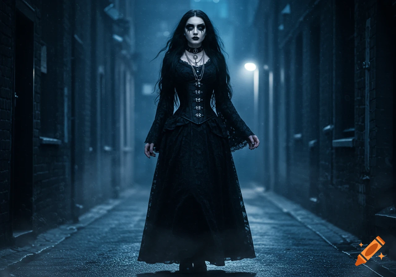 A goth woman in a long black dress and heavy makeup stands in a dark, misty alley at night.