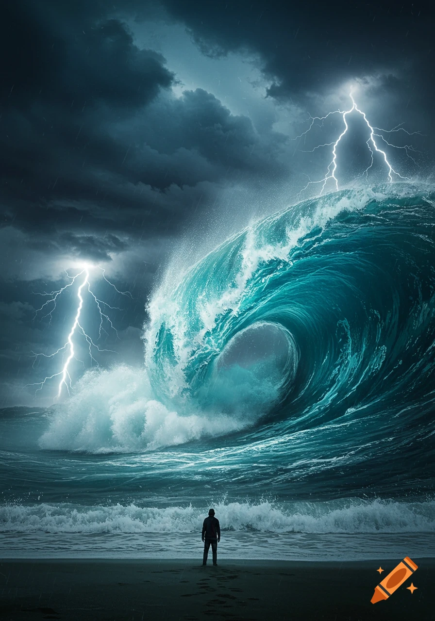 Person on a beach watches a massive tidal wave under a stormy sky with lightning, photorealistic.