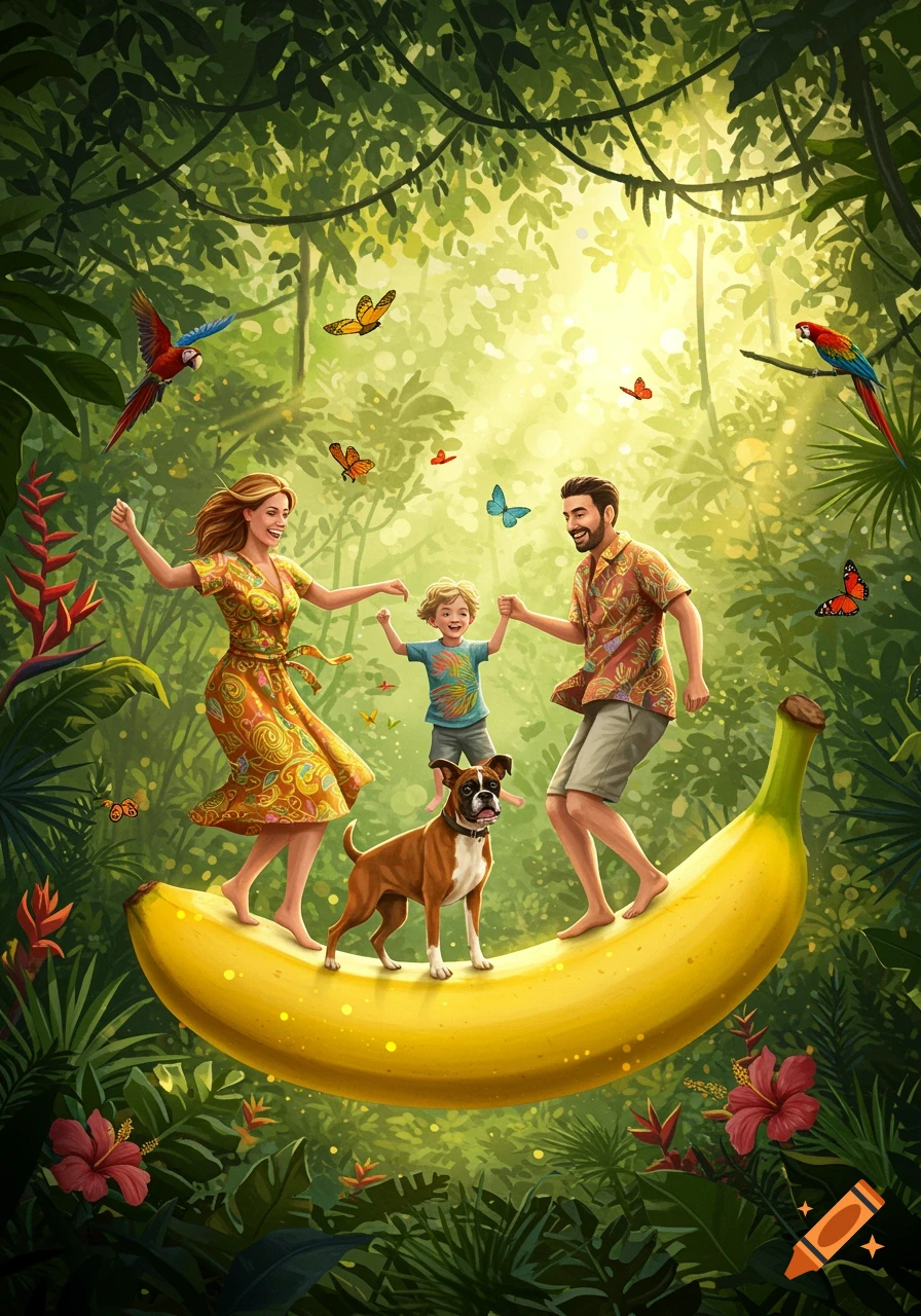 A family and their boxer dog dance happily on a giant banana floating in a vibrant jungle with parrots and butterflies.