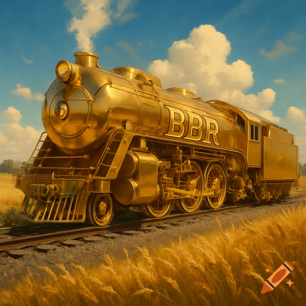 A shiny golden steam locomotive with 'BBR' on its side travels through a sunlit field of golden wheat.