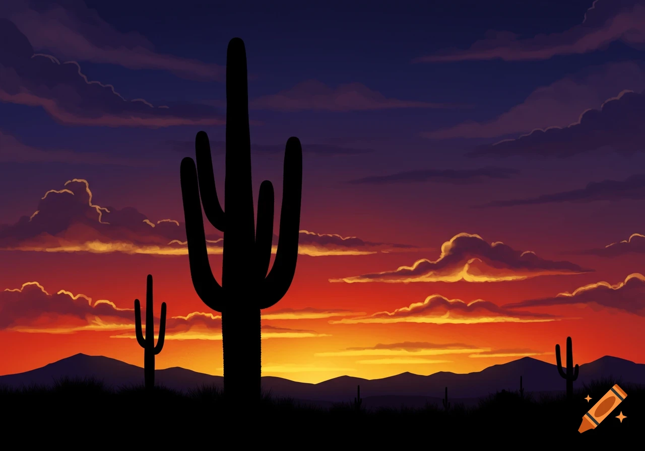Silhouettes of saguaro cacti and distant mountains against a vibrant orange and purple sunset sky.