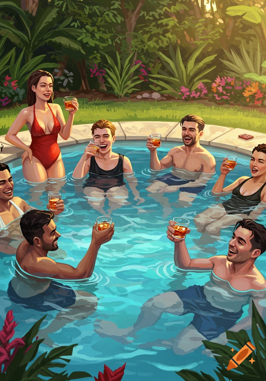 A group of diverse people laughing and drinking in a round swimming pool surrounded by a lush tropical garden, depicted in a vibrant illustration style.