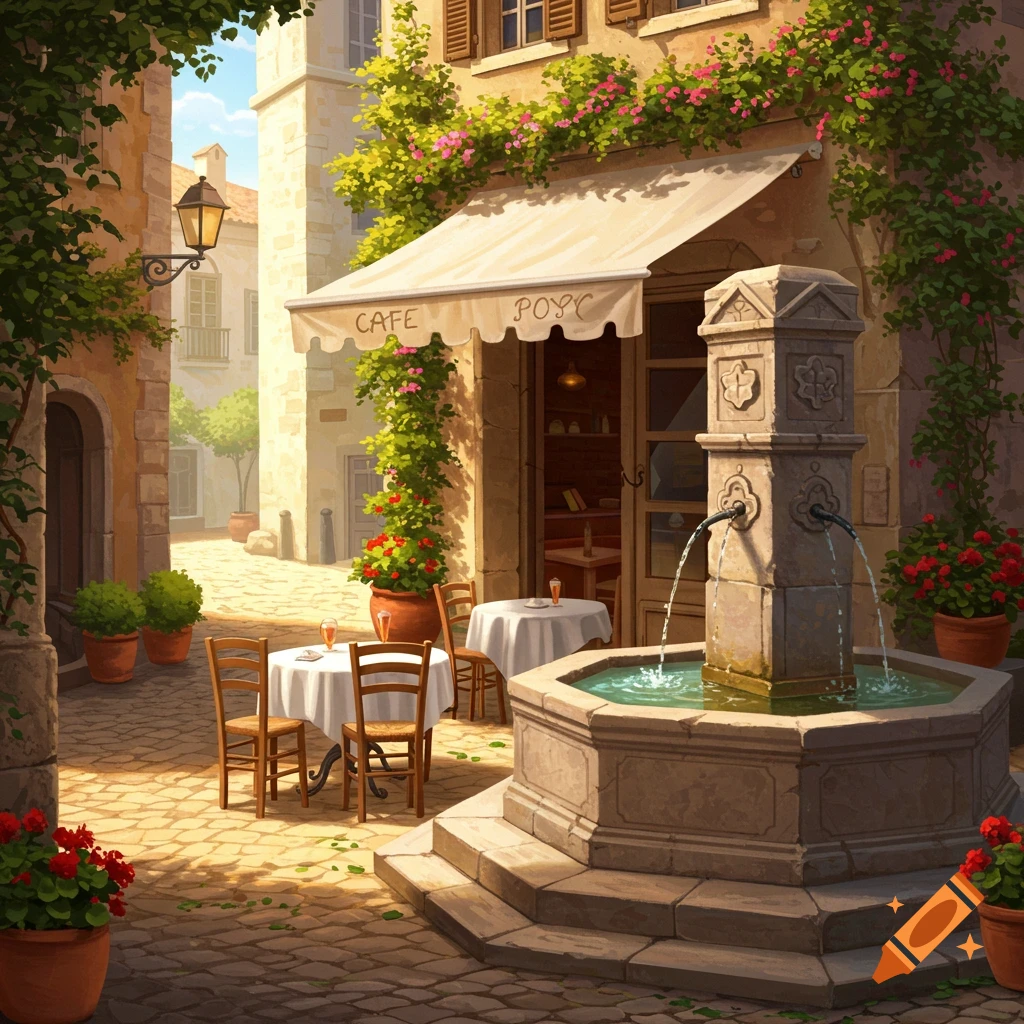 An illustration of a charming, sunlit European street scene with a cafe, a stone fountain, and flowering plants.