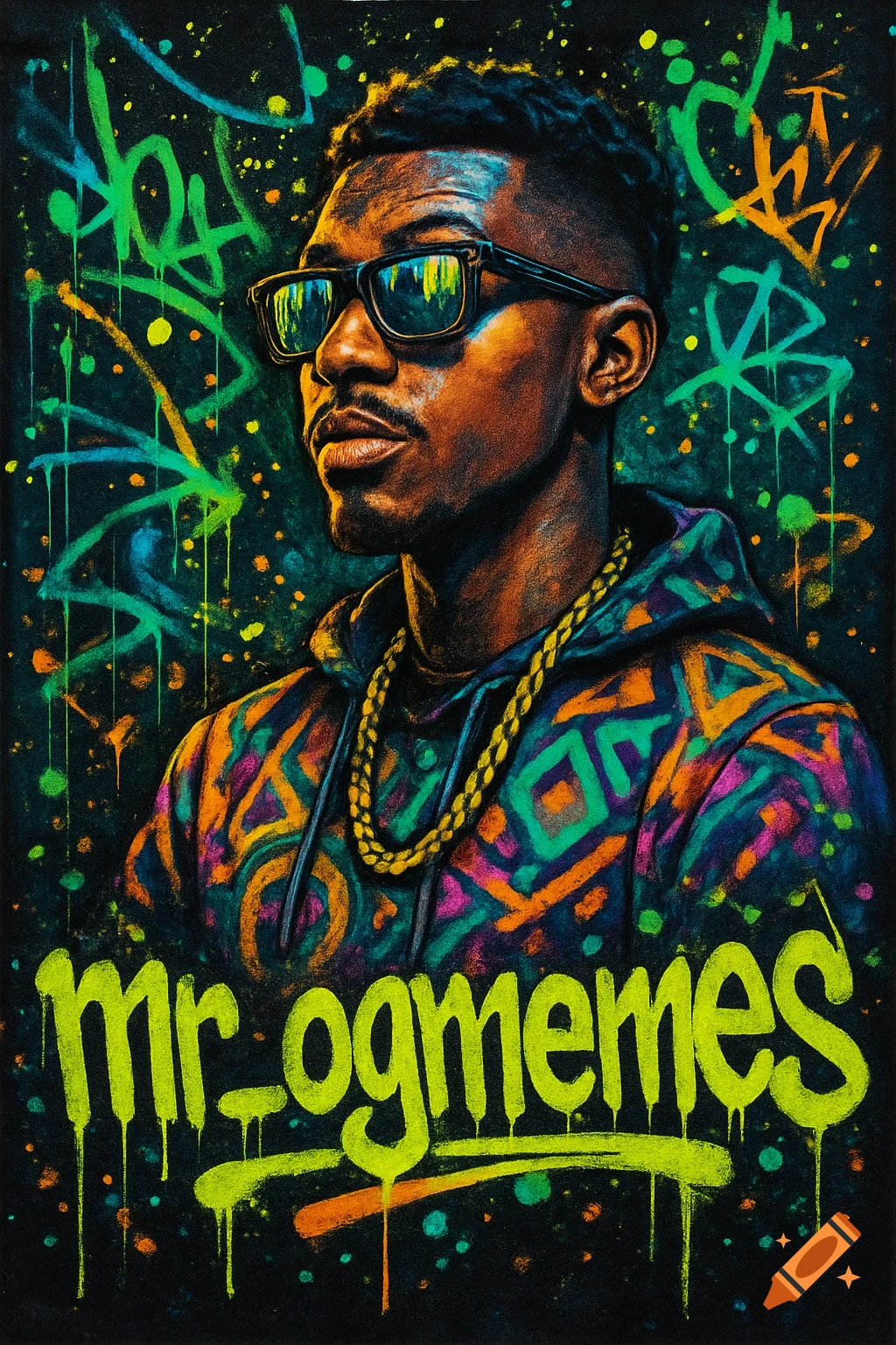 Urban graffiti style portrait of a young man in sunglasses and streetwear, with neon paint splatters and 'mr_ogmemes' text.