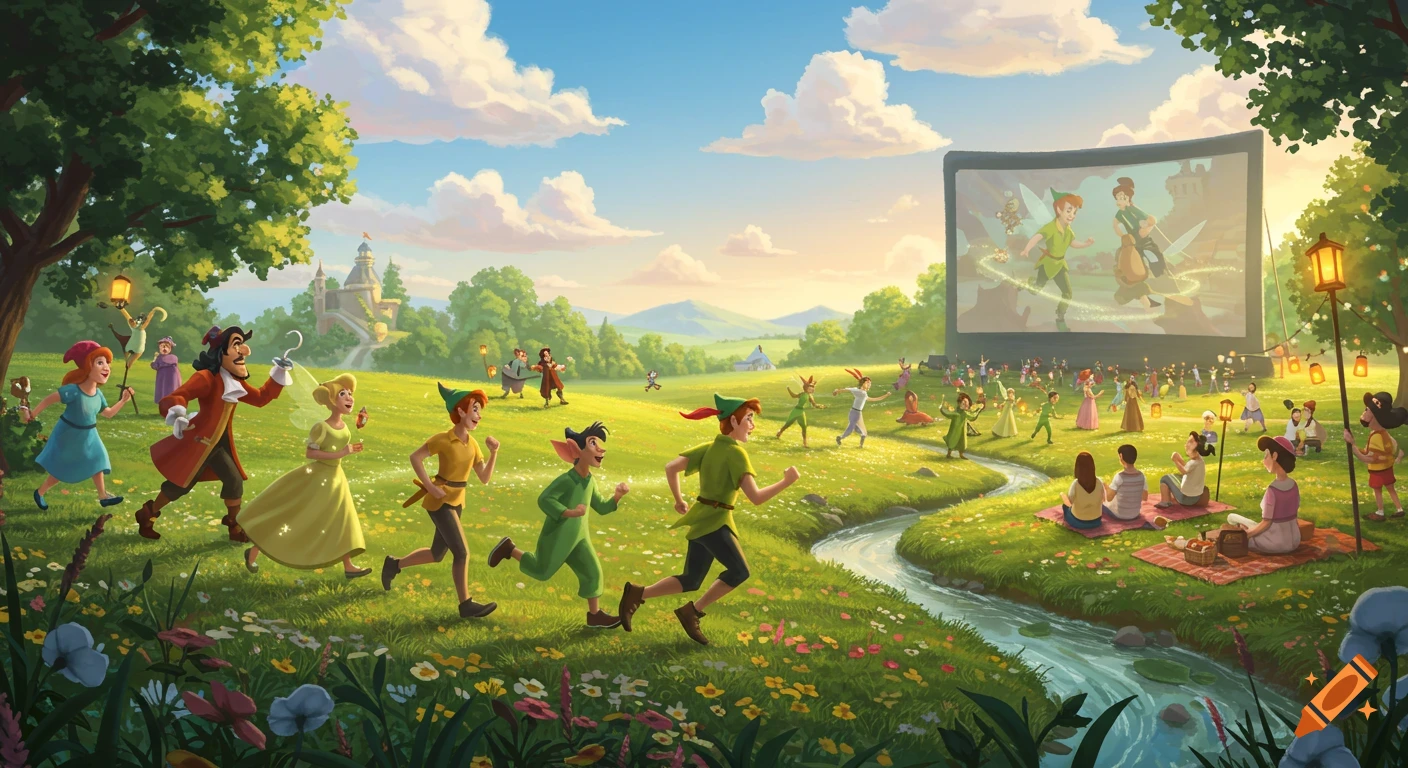 Peter Pan characters and others watch an outdoor movie on a big screen in a whimsical field with a stream.