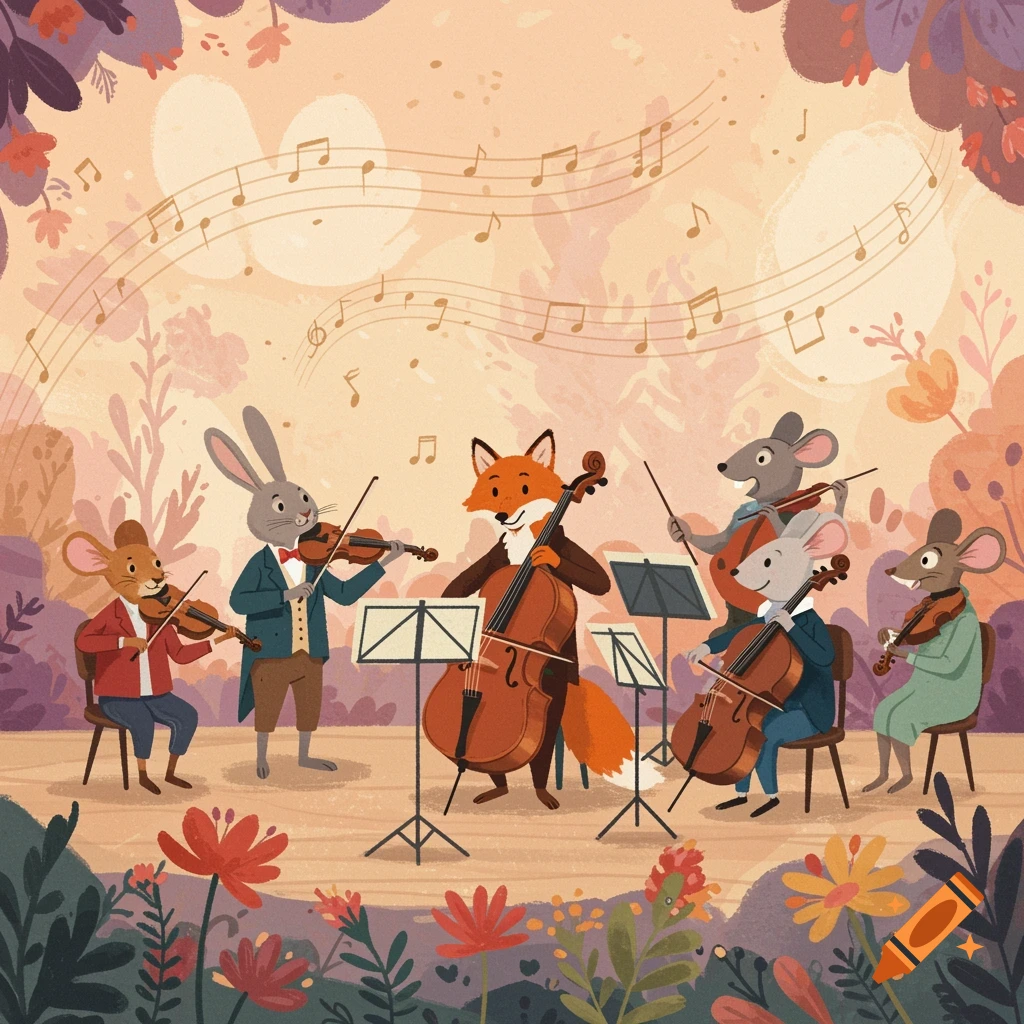 A charming cartoon illustration of anthropomorphic animals playing string instruments in an outdoor orchestra setting with musical notes.