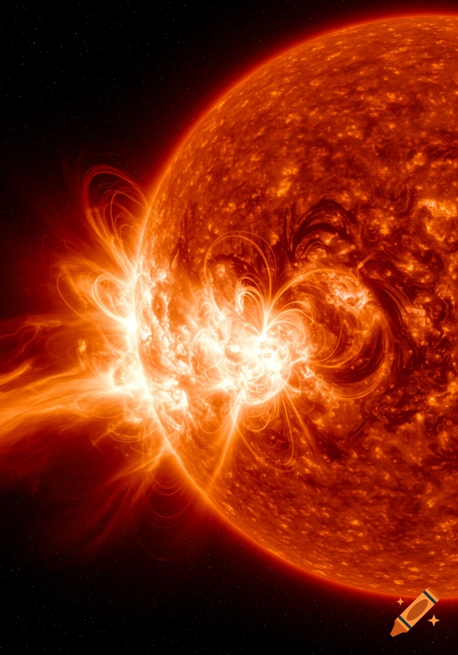 A fiery orange and red star with intense solar flares erupting from its surface, set against a dark, star-filled cosmic background.