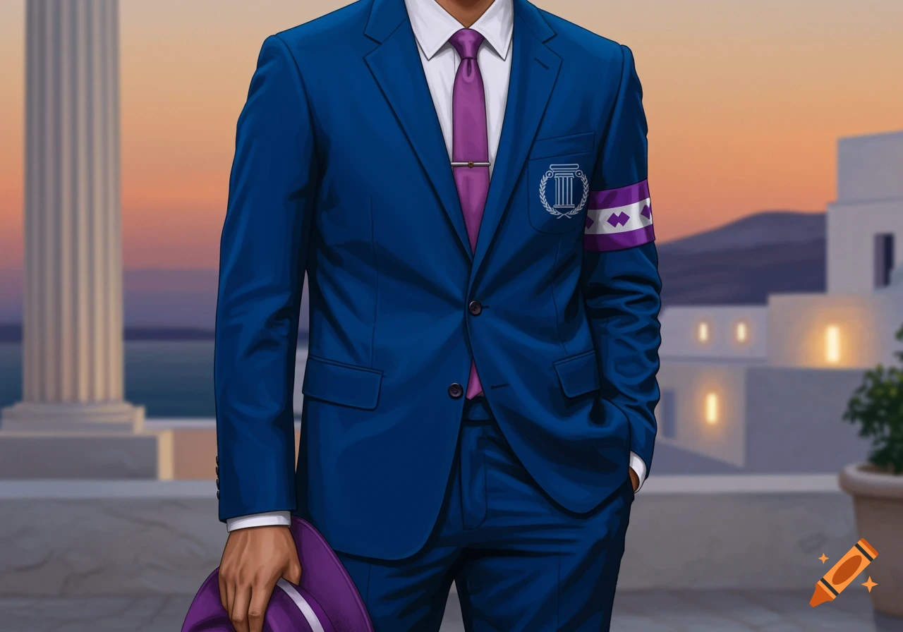 A man in a blue suit and purple tie holds a purple fedora in a Mediterranean setting with columns and white buildings.
