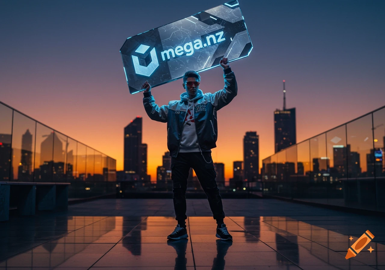 A person stands on a rooftop at sunset, holding a glowing sign with 'mega.nz' above their head, with a city skyline in the background.