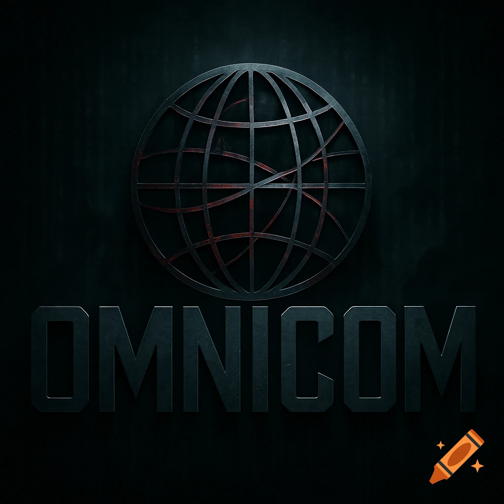 A dark, metallic, and distressed logo for OMNICOM featuring the company name below a stylized globe symbol.