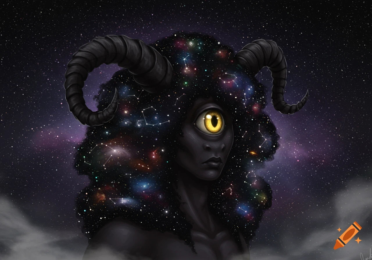 A dark figure with a single yellow eye and large horns, whose head is made of a starry galaxy with nebulae and constellations, against a dark starry background.