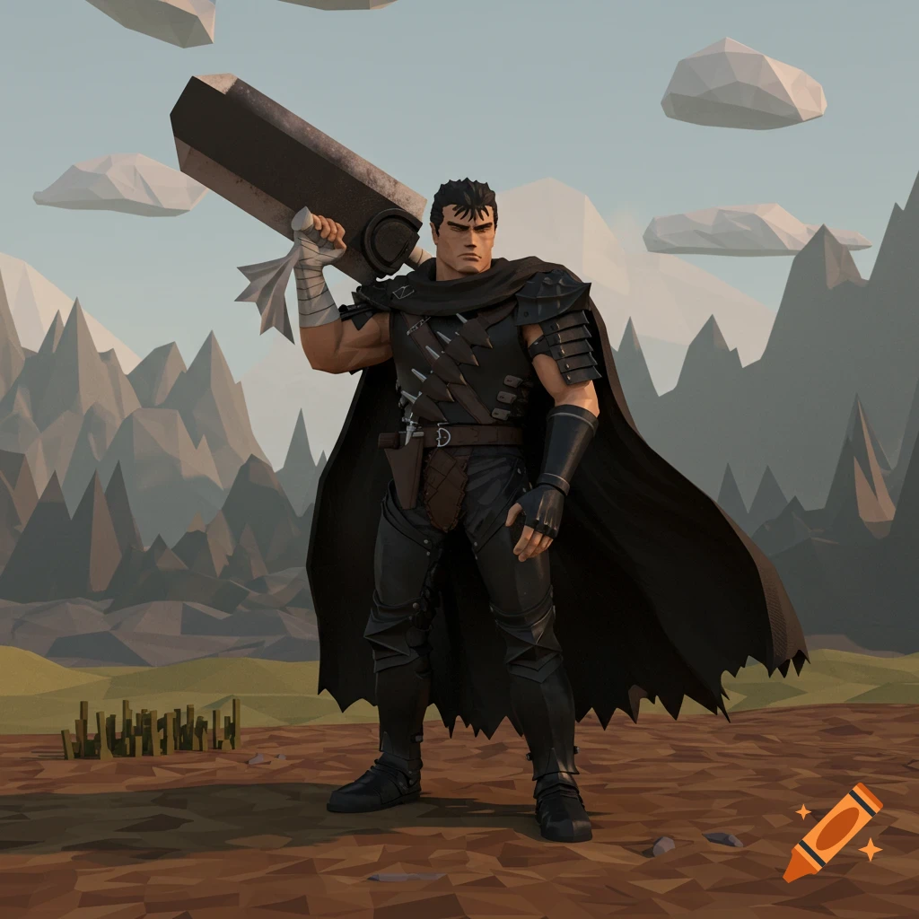 A low-polygon render of Guts from Berserk in armor, holding his large sword over his shoulder, against a low-poly mountainous landscape.