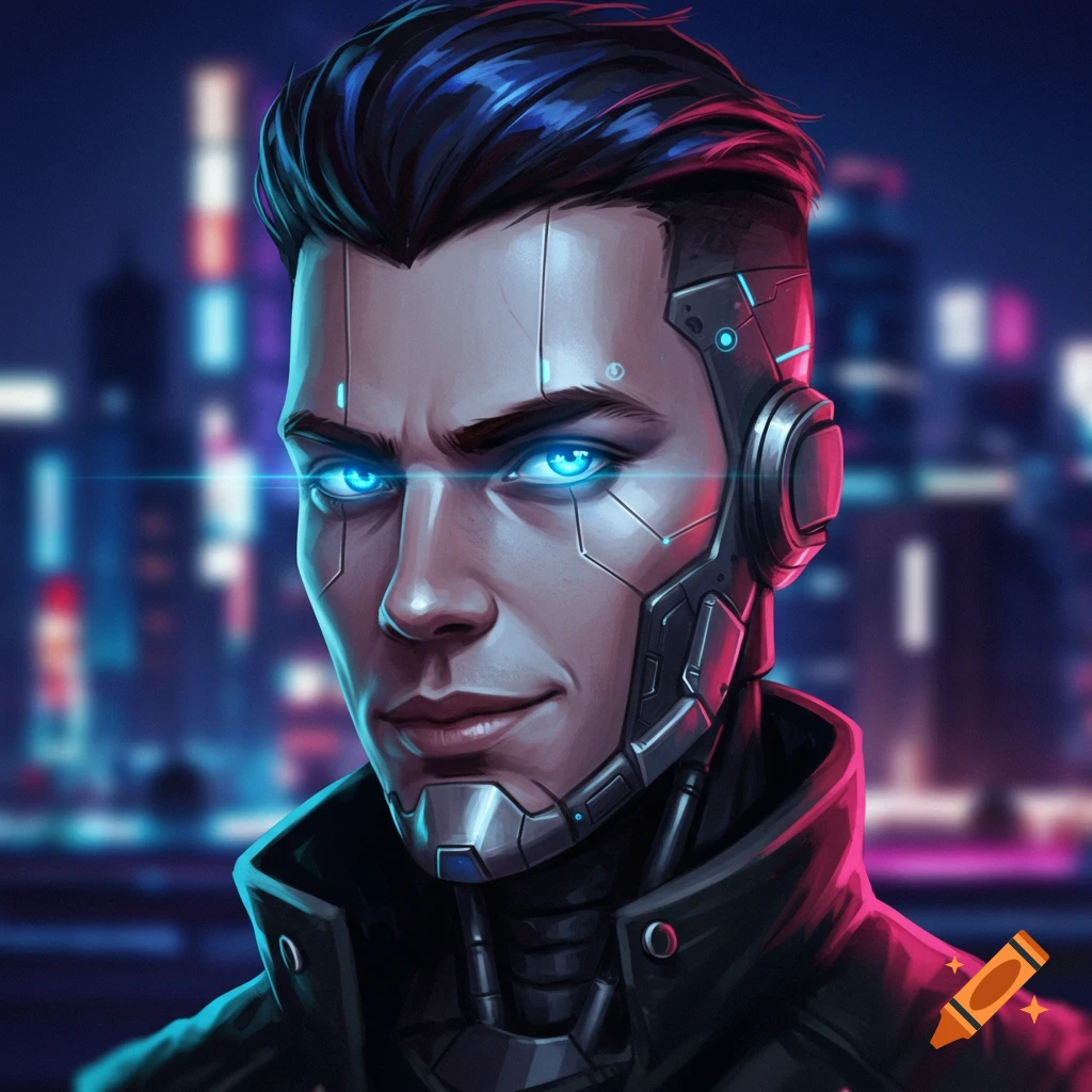 A stylized digital art portrait of a man with glowing blue eyes and cybernetic implants on his face, set against a blurred neon city background.