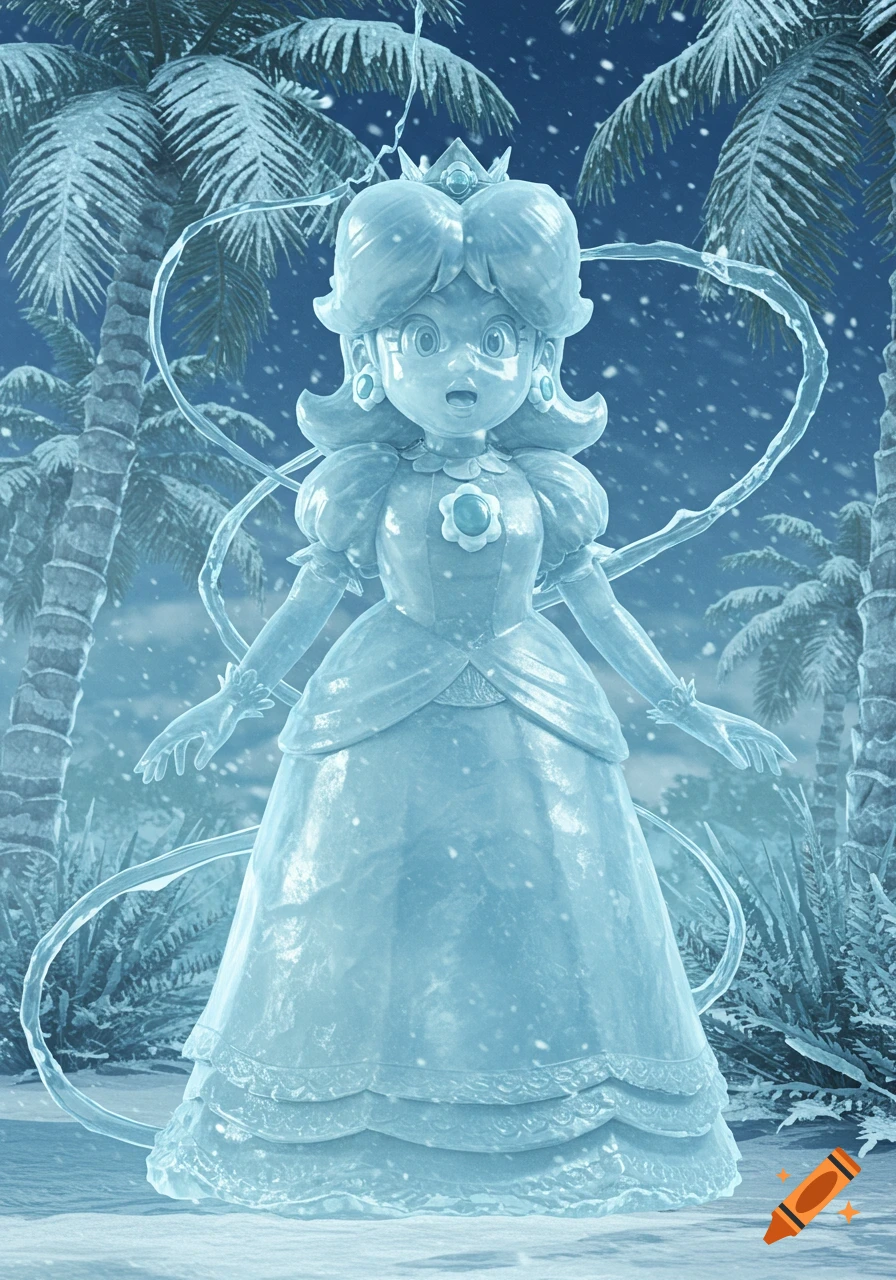 Princess Daisy, frozen as a surprised ice statue, stands amidst snowy palm trees under a dark sky.