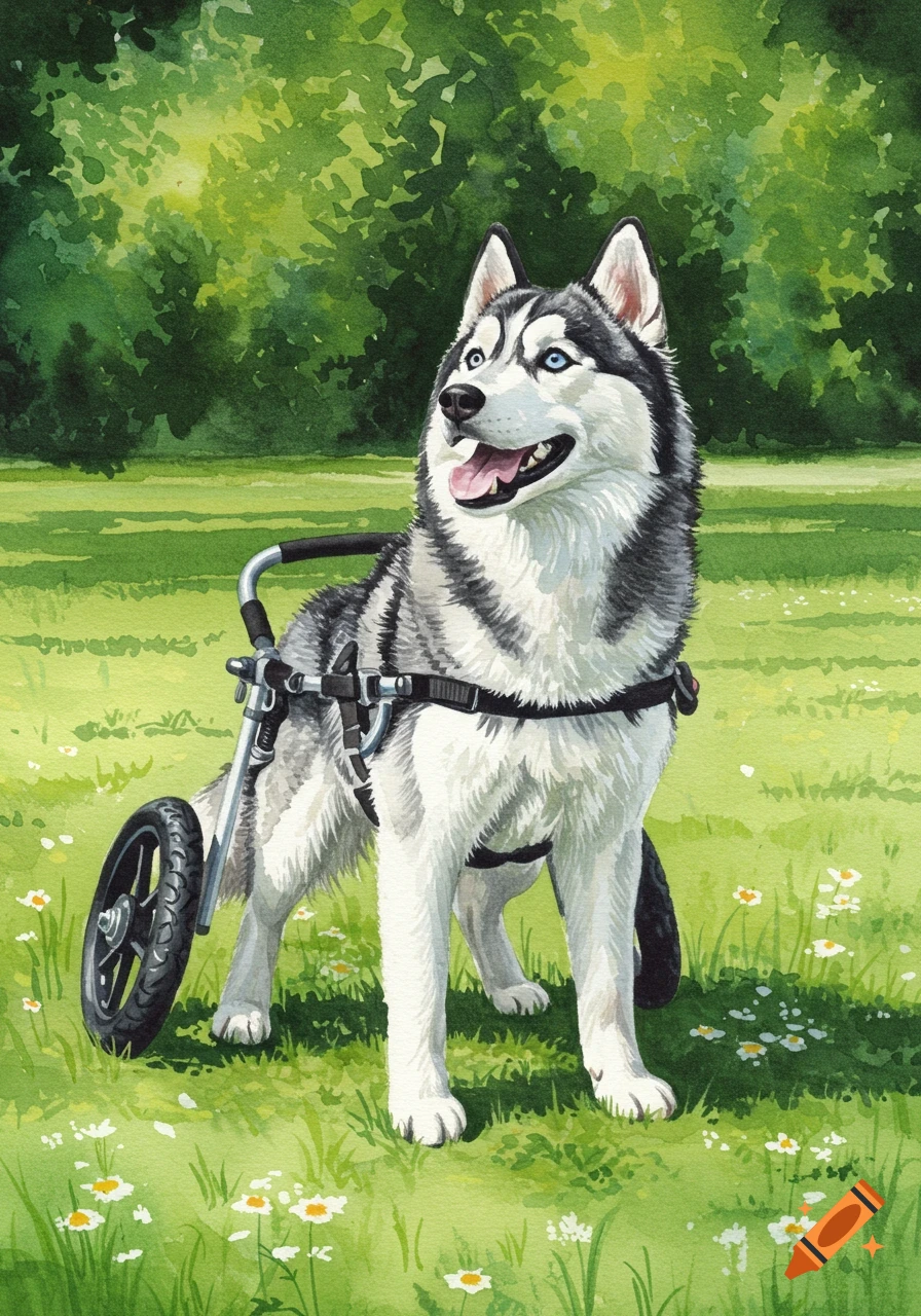 A husky with blue eyes sits in a dog wheelchair on green grass with white flowers, in a watercolor style.