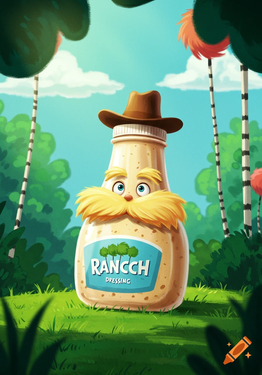 A whimsical cartoon image of a ranch dressing bottle with eyes and a yellow mustache, wearing a cowboy hat, in a Dr. Seuss-like forest.