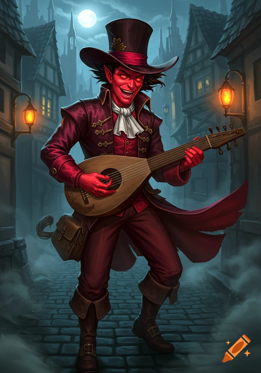 A red-skinned, red-eyed character in a top hat and a maroon coat, playing a lute on a cobblestone street at night.