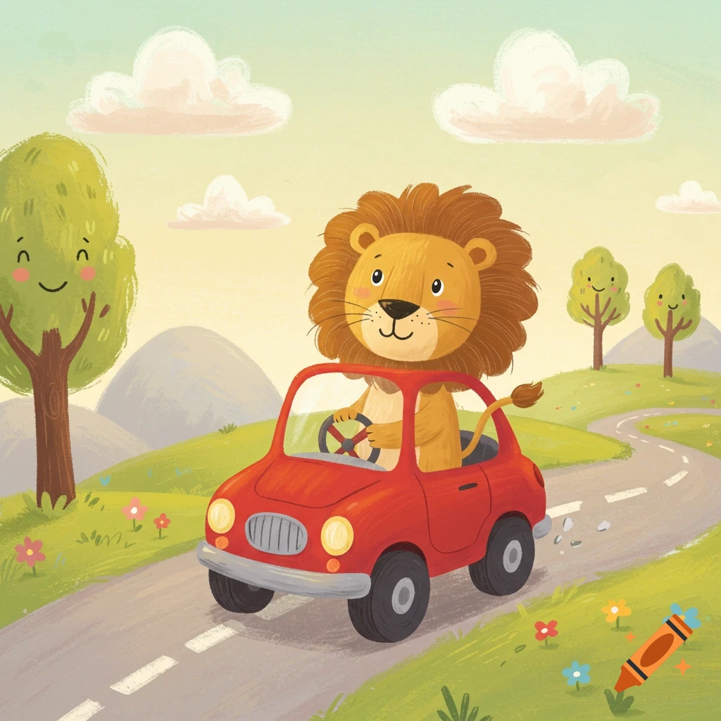 A cute cartoon lion drives a red car on a winding road through a green landscape with smiling trees, in a toddler art style.