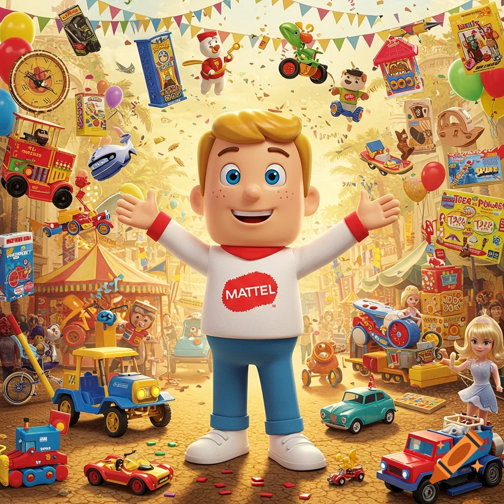 A smiling cartoon boy wearing a white shirt with 'MATTEL' logo, surrounded by various colorful toys and balloons in a festive, market-like setting.