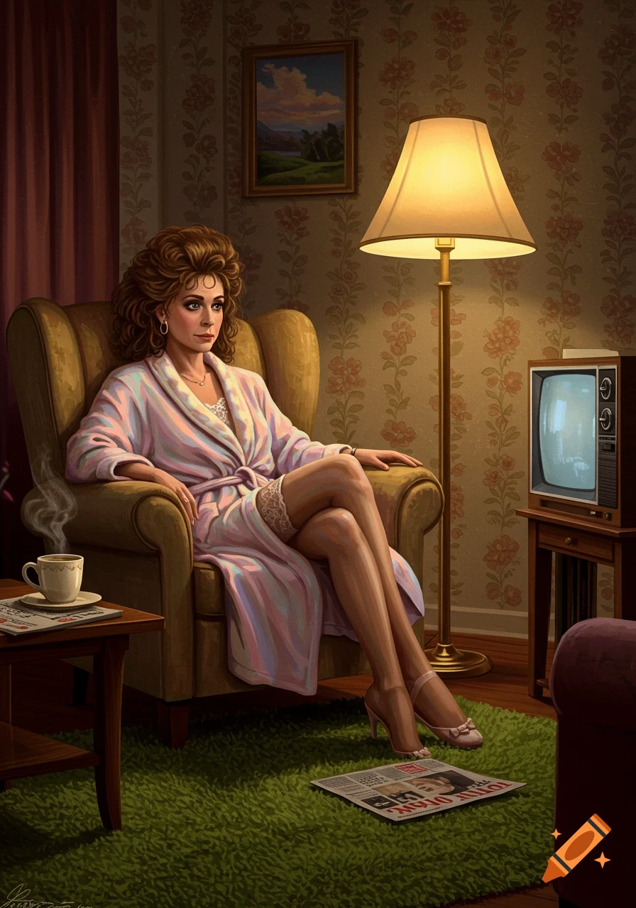 A woman in a pink bathrobe and nylons sits in an armchair, with a cup of coffee and a newspaper nearby.