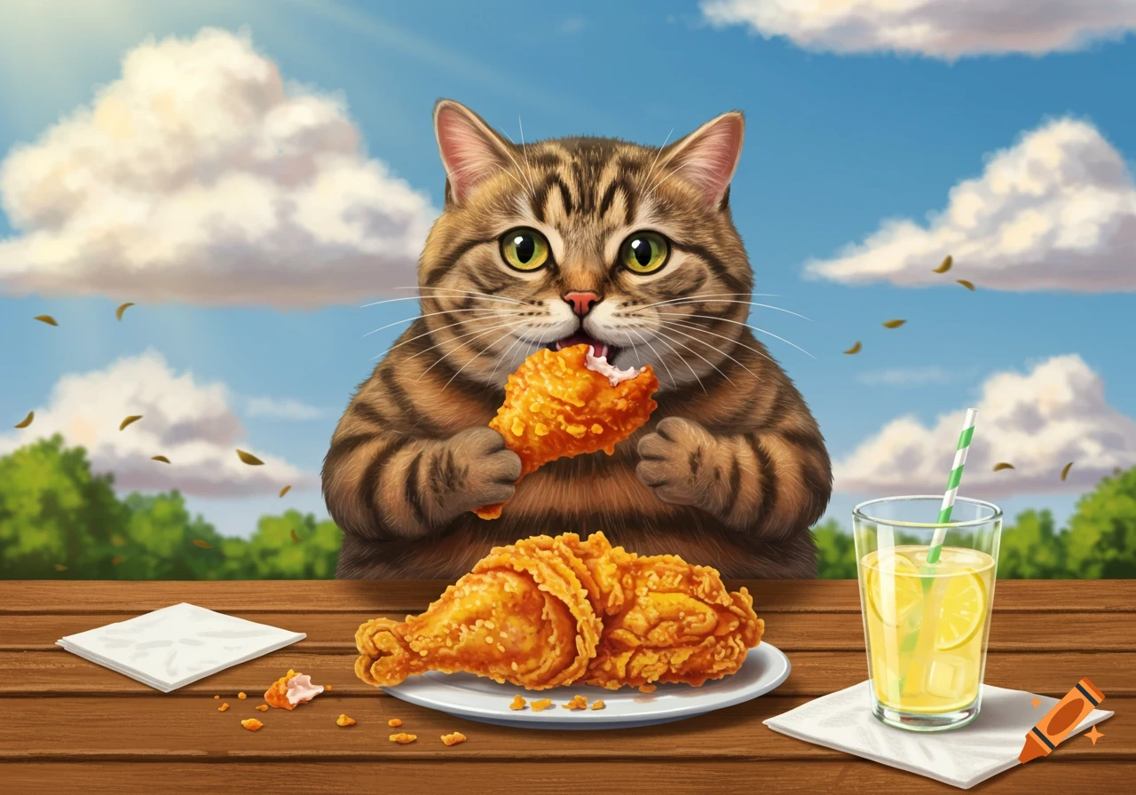 A cute tabby cat happily eating a piece of fried chicken at a picnic table outdoors, with a glass of lemonade nearby.