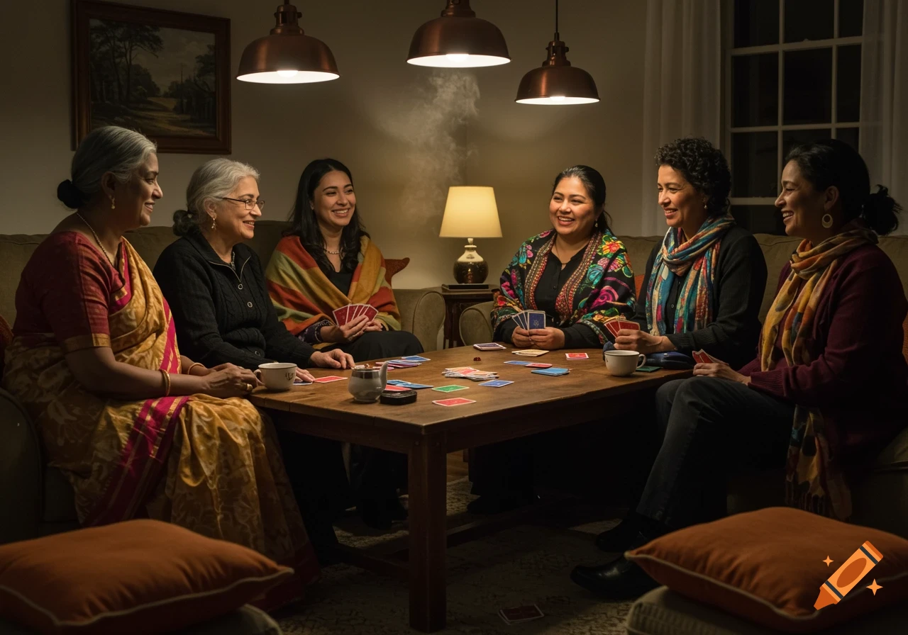 Six women of varying ages playing cards around a wooden table in a dimly lit living room, smiling and socializing.