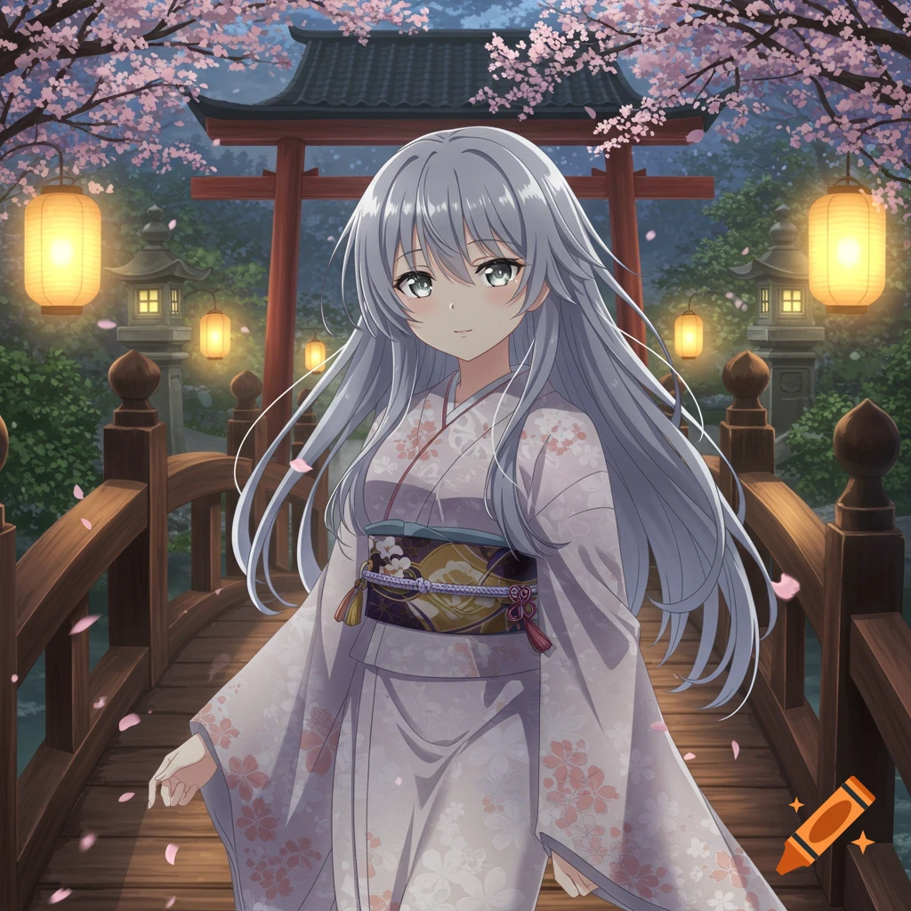 Anime girl with grey hair in a kimono on a wooden bridge under cherry blossoms, with lanterns and a Japanese torii gate.