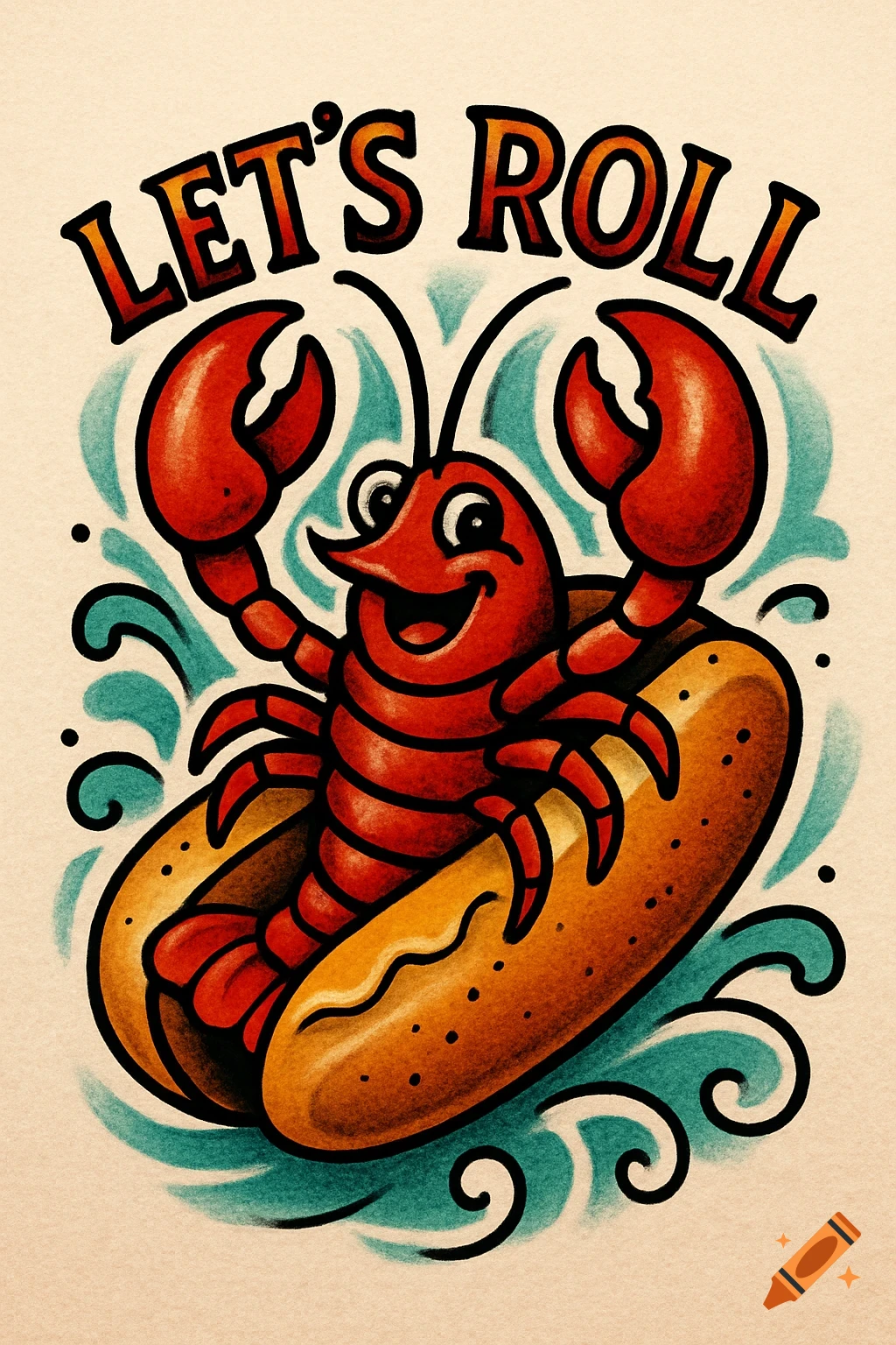 A happy red cartoon lobster in a hot dog bun with 'LET'S ROLL' text, in a traditional tattoo art style.