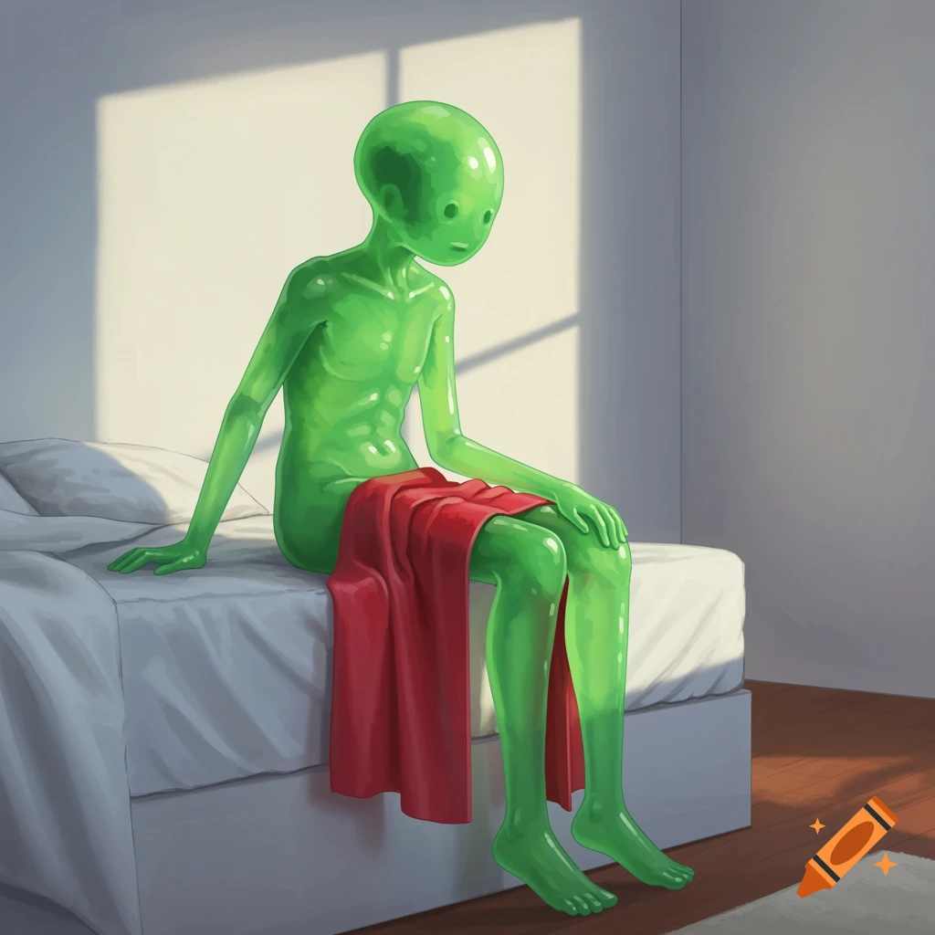 A green, translucent jelly-like alien creature sits on a white bed with a red towel draped over its lap.