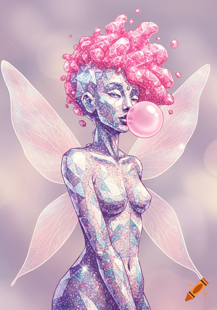 A stylized fairy made of glitter and diamonds with pink bubblegum hair and translucent wings, blowing a pink bubble.