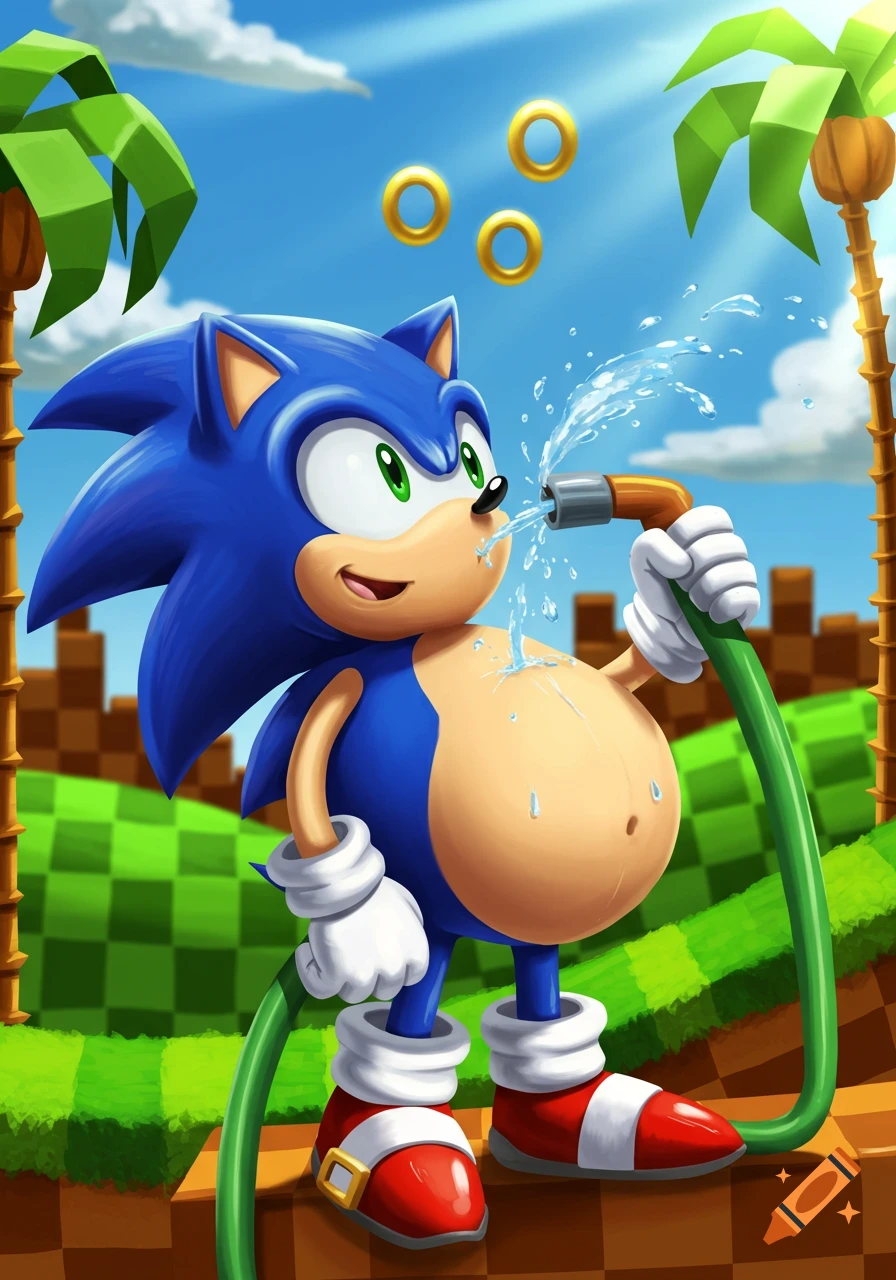 Sonic the Hedgehog stands in Green Hill Zone, drinking water from a green hose as his belly becomes round and full. Golden rings float above.
