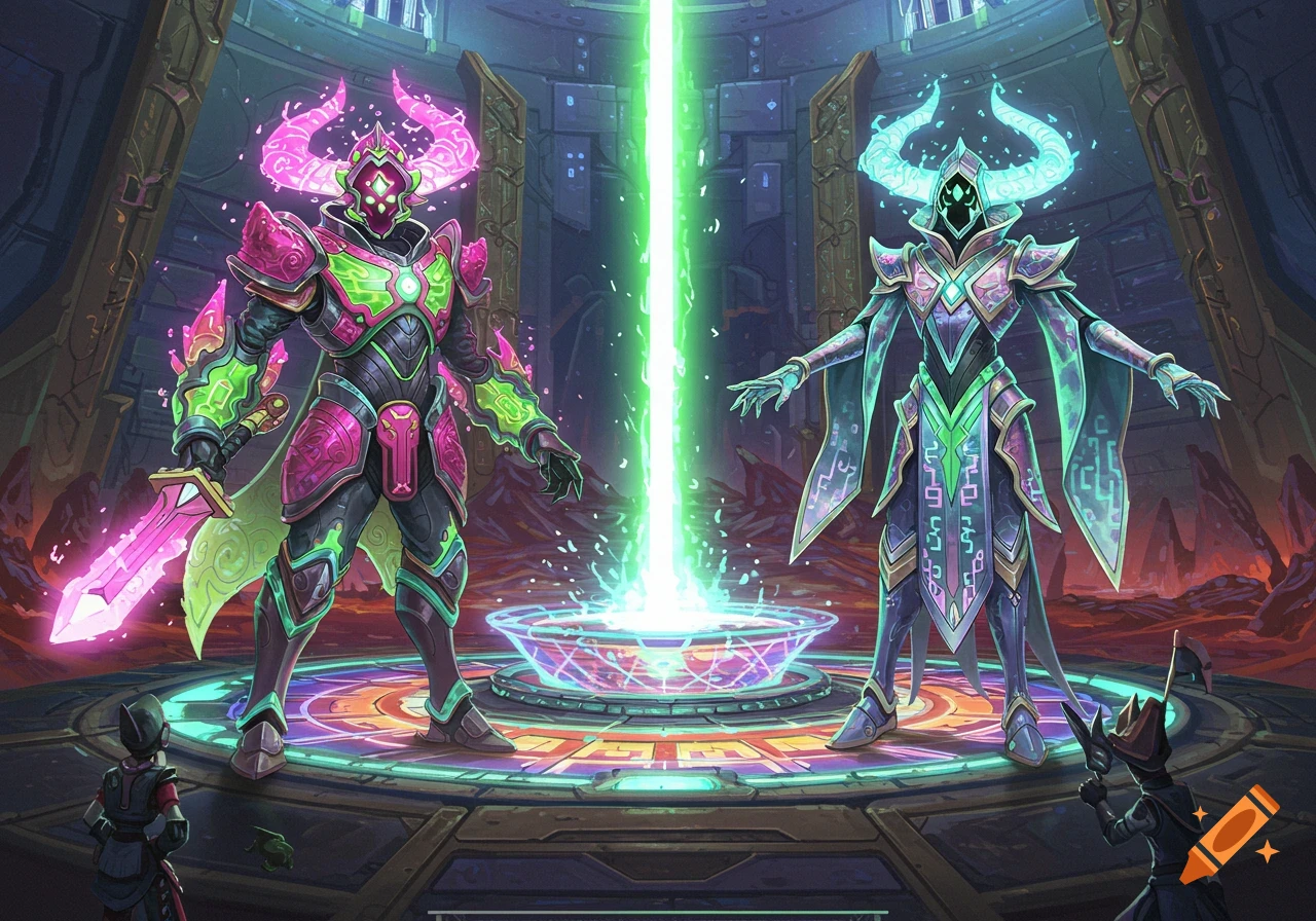 Two glowing, horned, armored figures, one with a pink sword, face each other over a green energy beam in a fantasy arena, with small figures observing.