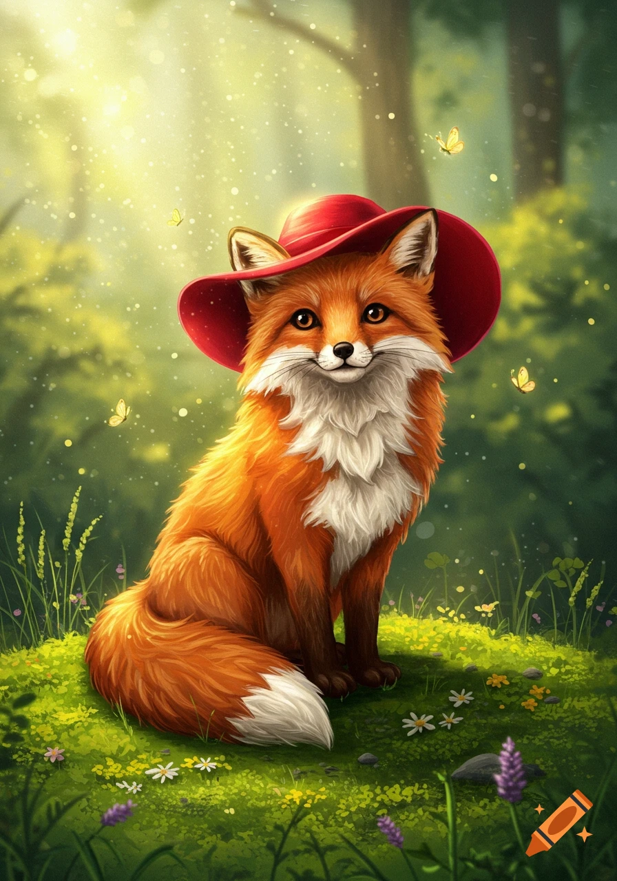 A cute fox wearing a red hat sits in a sunlit forest clearing with butterflies, in an illustration style.