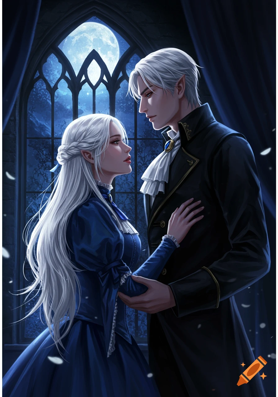 Digital painting of two elves, a woman in a blue dress and a man in a black coat, embracing by a gothic window with a full moon.
