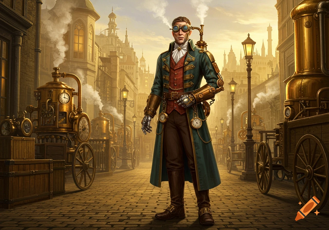 A man in a green steampunk coat, goggles, and mechanical arm stands on a cobblestone street in a hazy city with steam-powered vehicles.