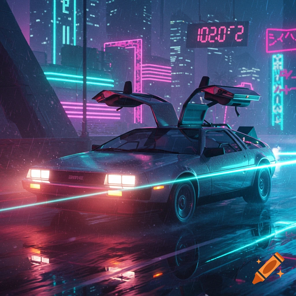 A DeLorean car with open gull-wing doors sits on a wet road in a rainy, neon-lit cyberpunk city at night.