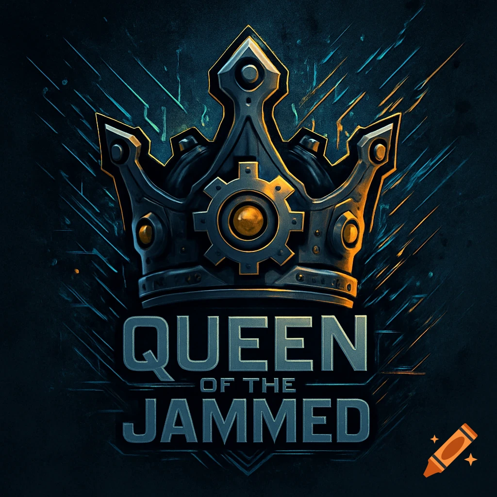 A stylized mechanical crown with glowing elements and the text "QUEEN OF THE JAMMED" on a dark, tech-inspired background.