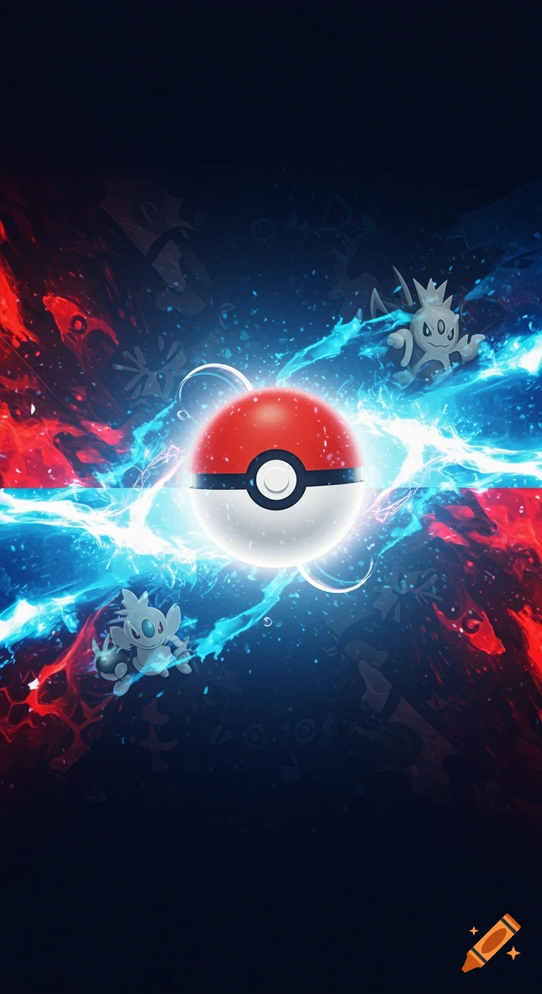A glowing Pokeball centered between red and blue energy blasts, with two small creature figures on either side, set against a dark background.
