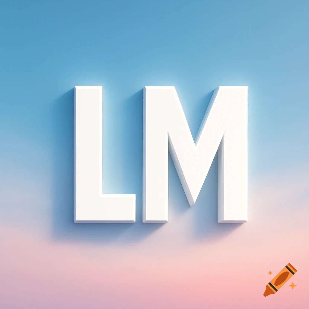 3D white letters LM against a gradient sky blue and pink background.